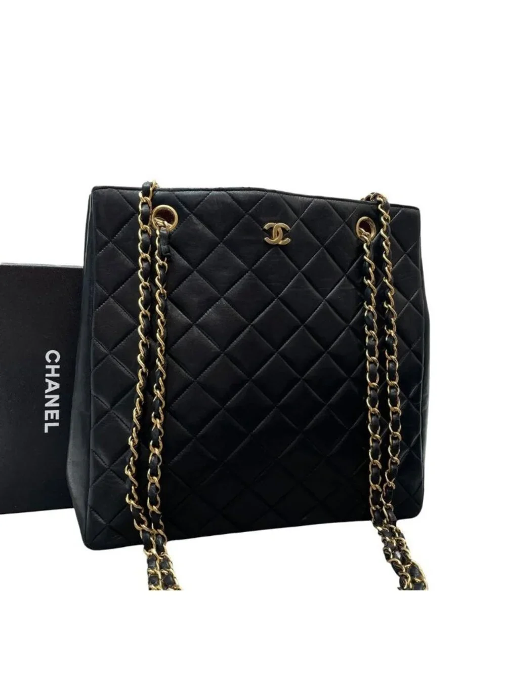 Chanel Quilted Lambskin Chain Shoulder Tote Bag Black